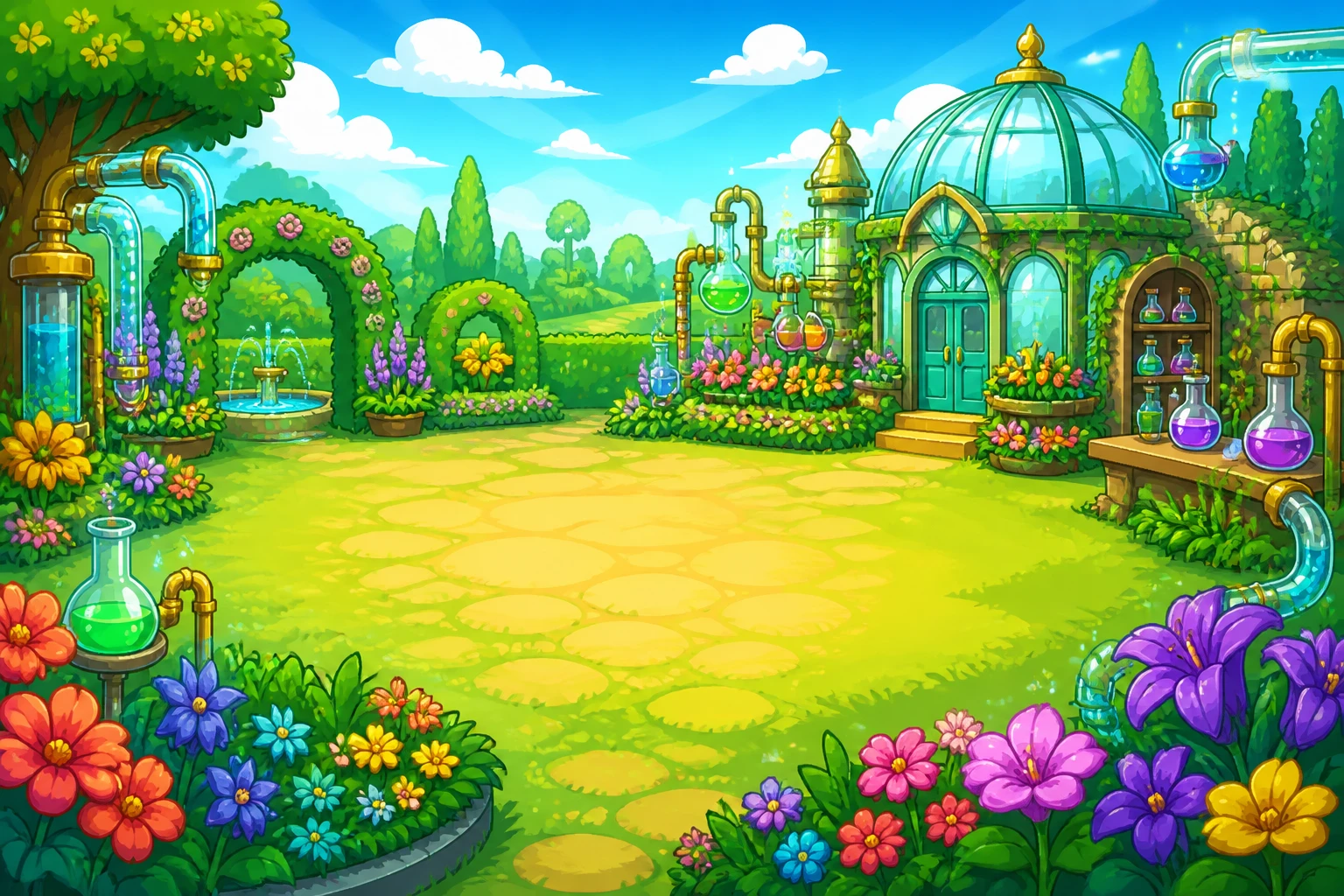 A bright magical garden with a greenhouse laboratory
