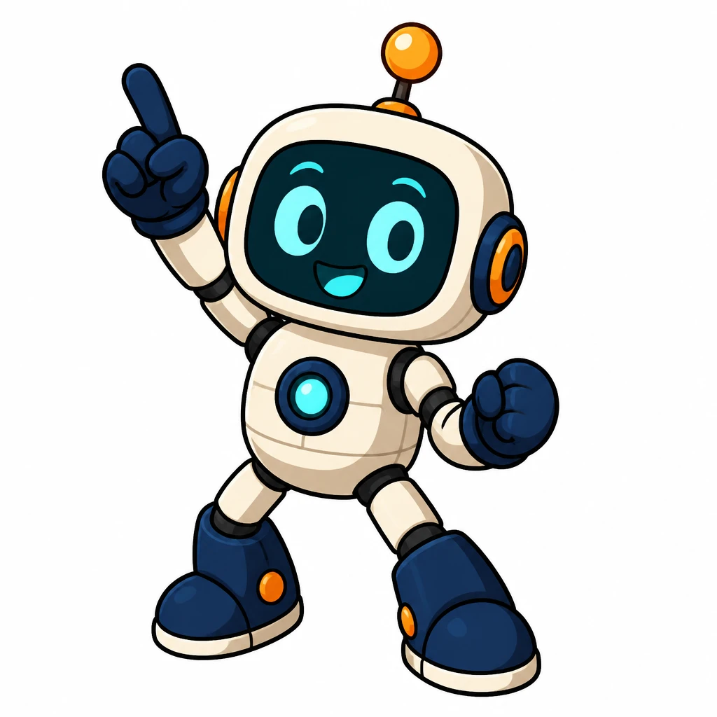 Bix, a cheerful cream and navy robot