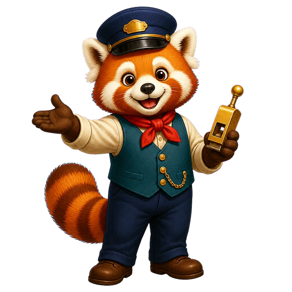 Conductor Click, a cheerful red panda train conductor