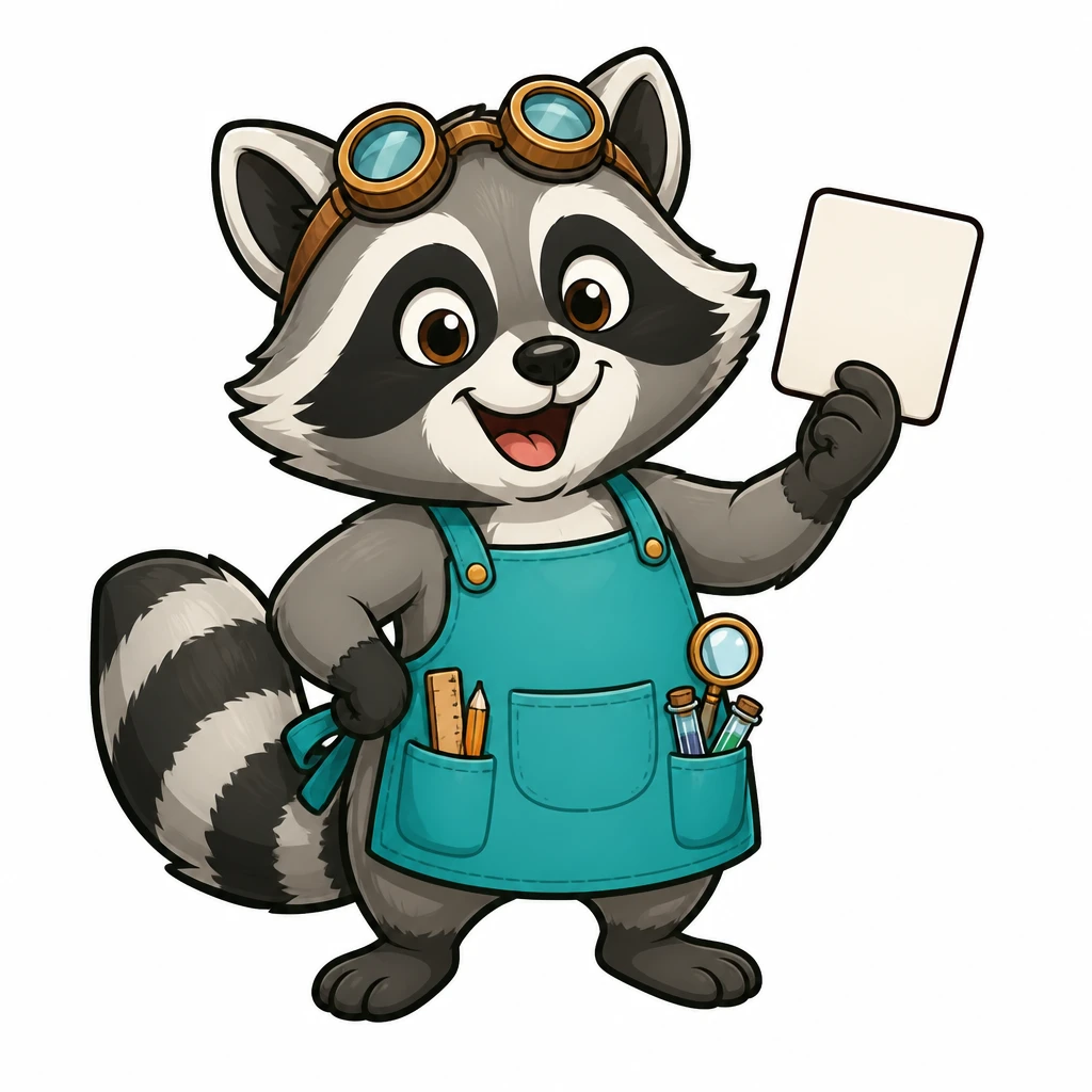 Flip, a raccoon inventor holding a card