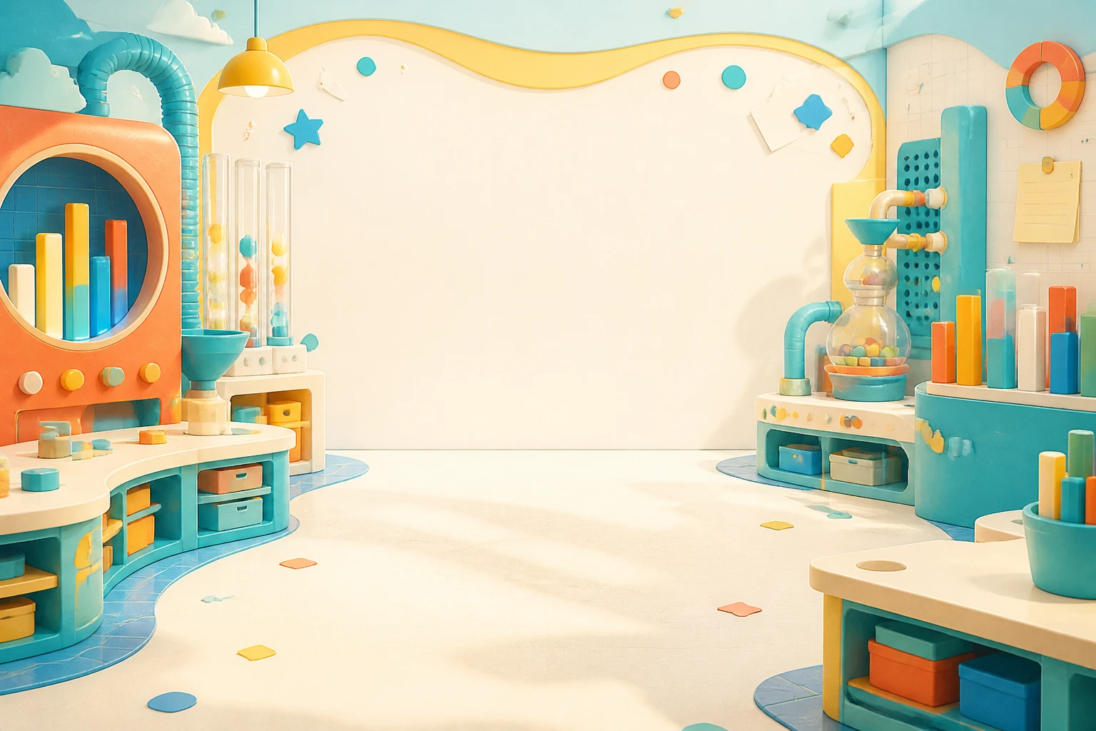 A bright laboratory filled with playful chart machines