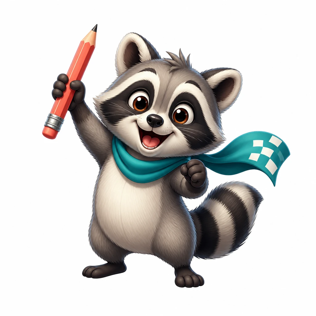 Ako the raccoon holding a racing pencil