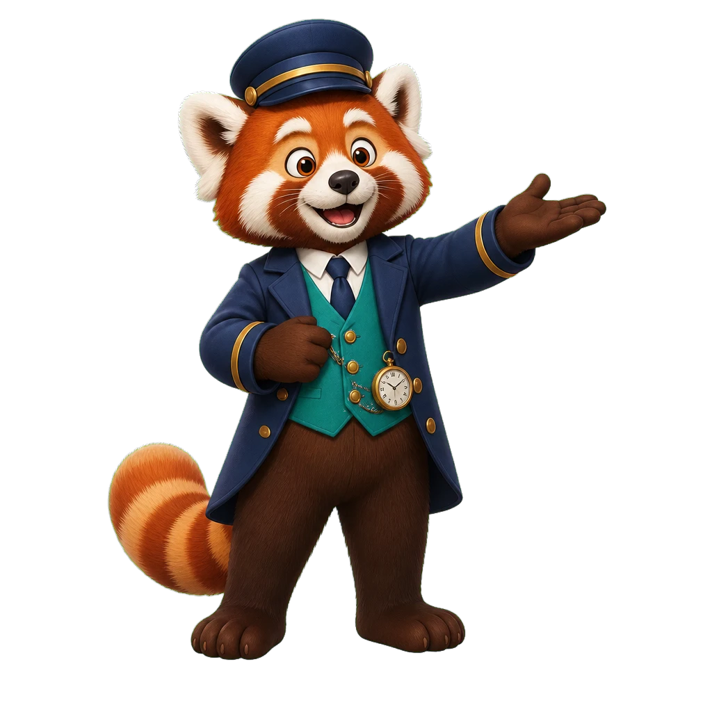 Conductor Quo, a red panda railway conductor