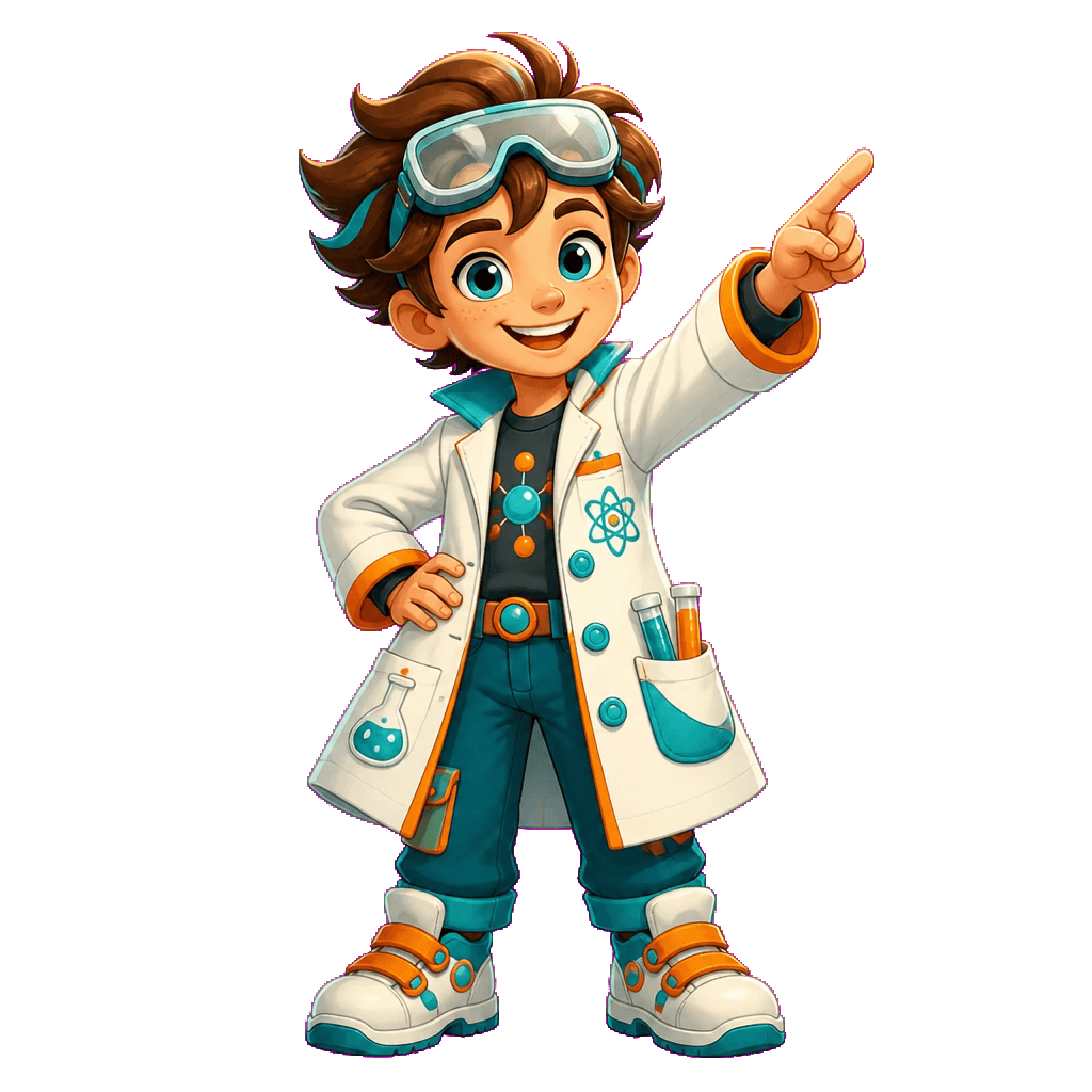 Dr. Nova pointing towards the periodic table