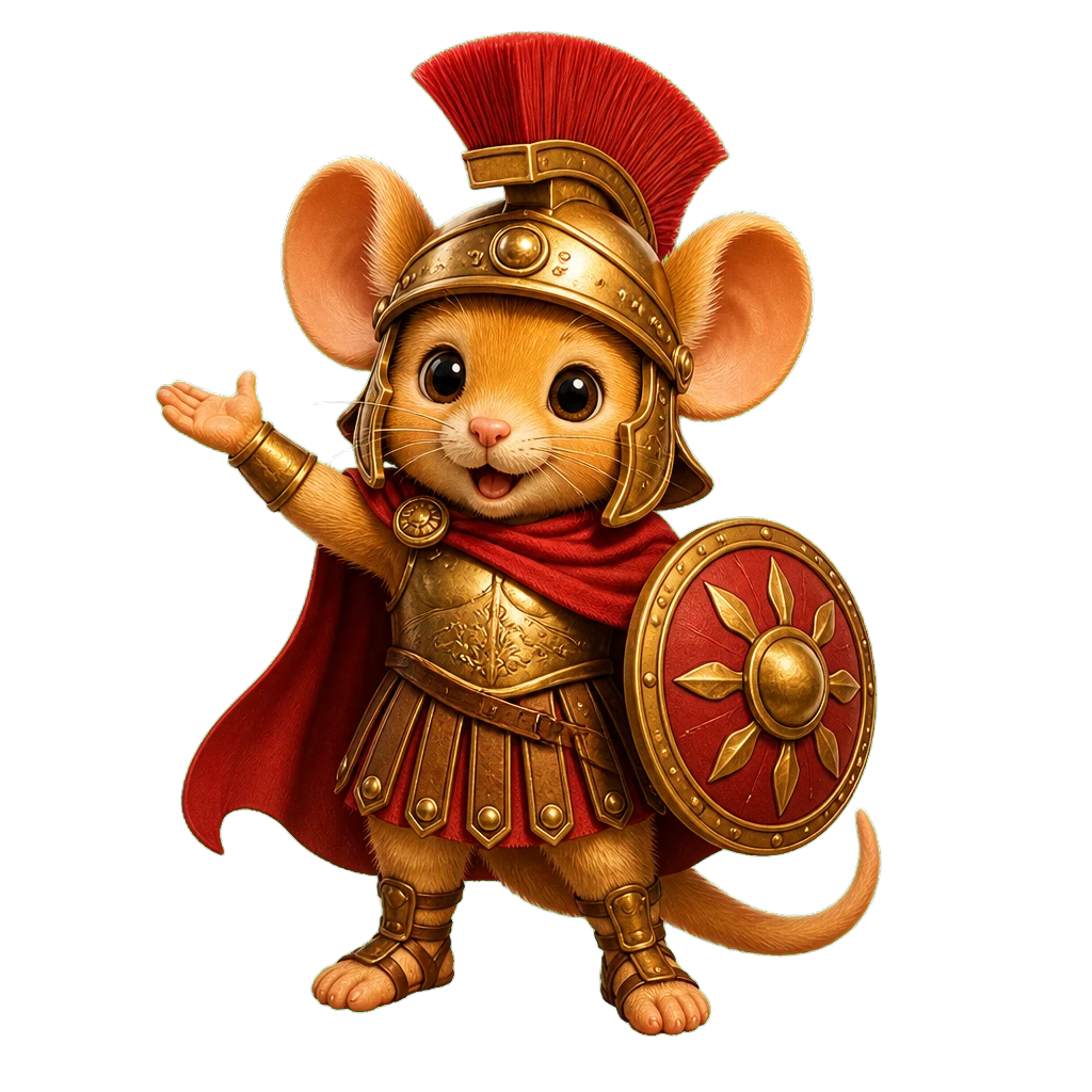 Maximus, a friendly mouse dressed as a Roman centurion