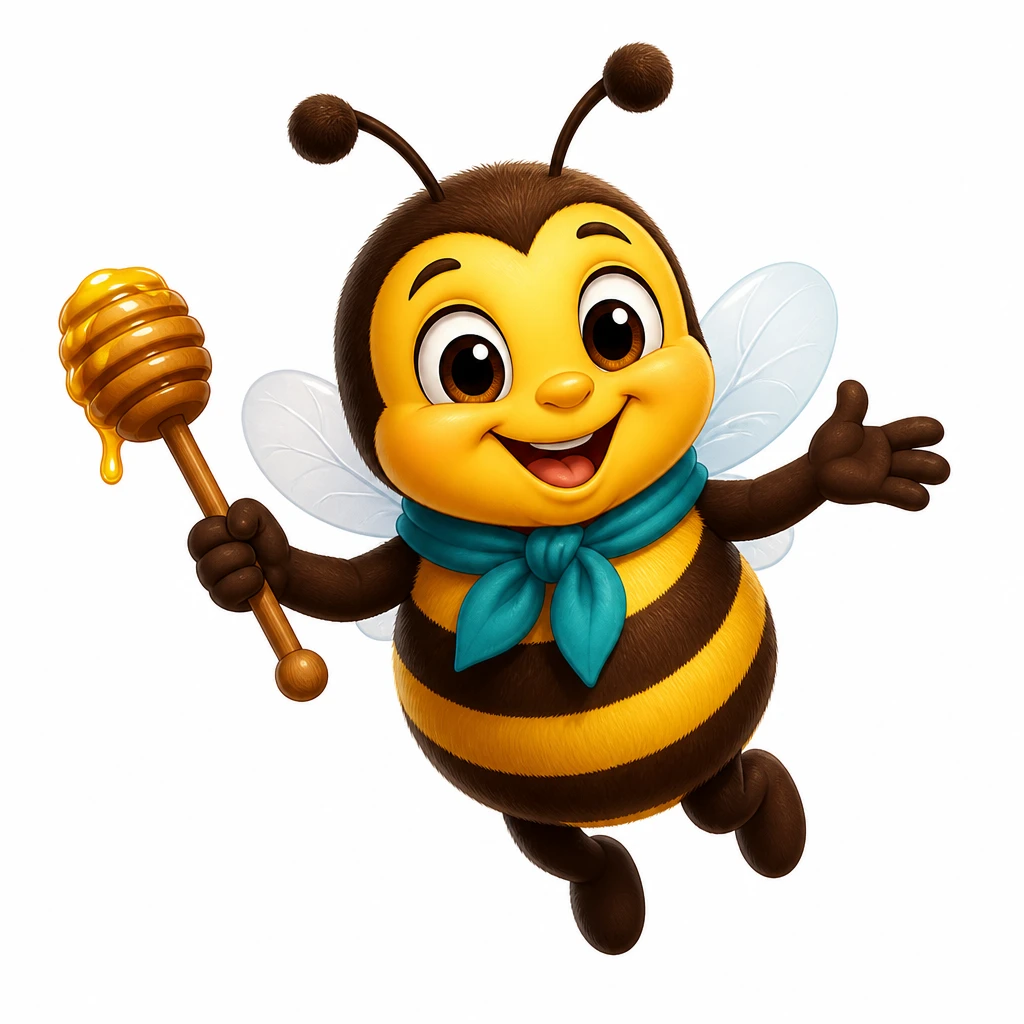 Beeatrix, a cheerful bee with a teal scarf
