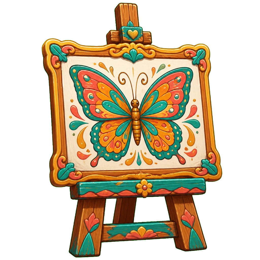 A gallery easel showing a symmetrical butterfly