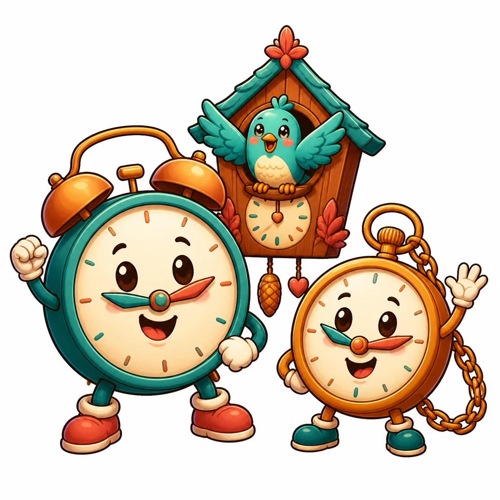Three happy clock friends celebrating