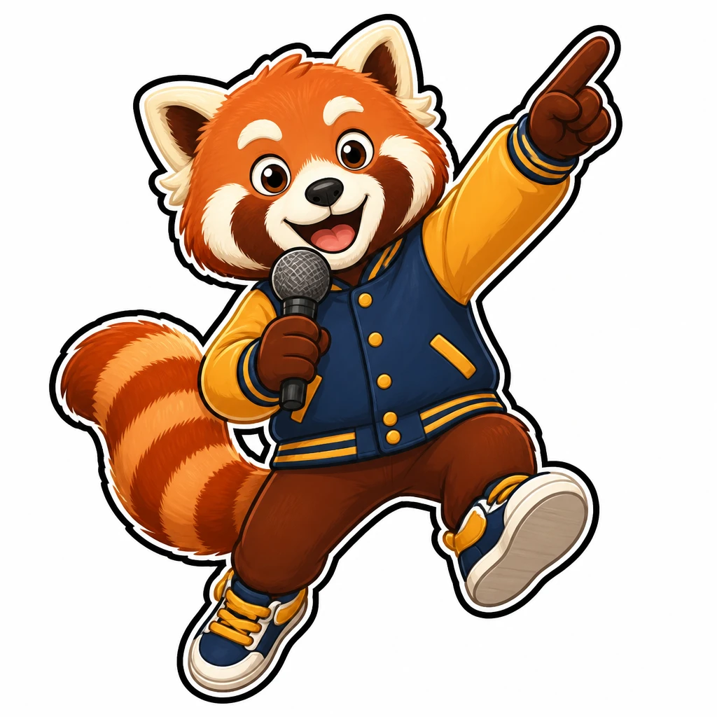 Riff, a cheerful red panda arena host