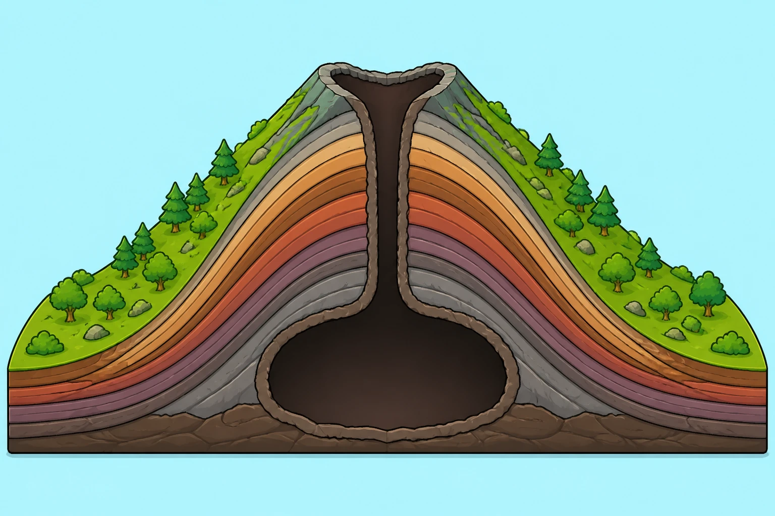 A side cutaway with curved rock layers, a magma chamber, and a central vent