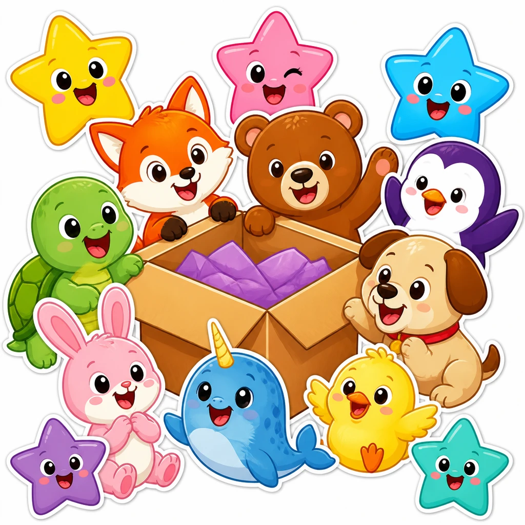 Cheerful sticker characters around a parcel