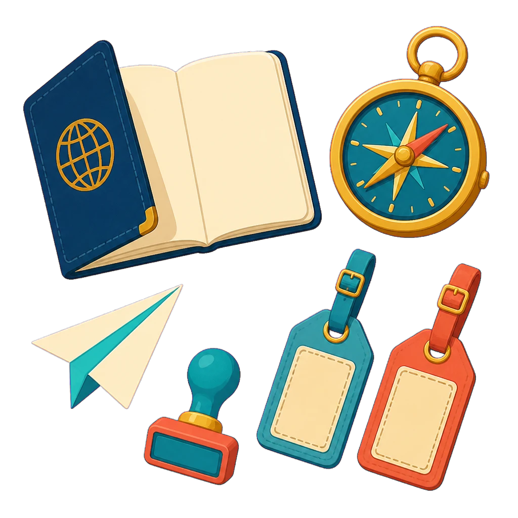 Passport, compass, tags, and stamp